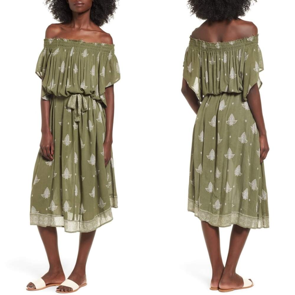 Faithfull the Brand Orissa Off-Shoulder Midi Dress Olive Leaf Print US 2 AUS 6